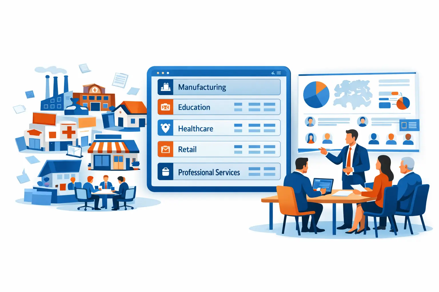 Business professionals analyzing industry-wise structured data that organizes companies by sector and location to support informed business planning