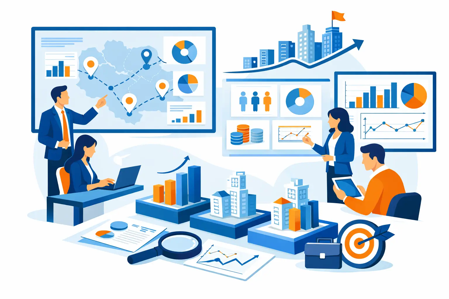 Business professionals reviewing city-wise structured data on digital screens to plan local business expansion