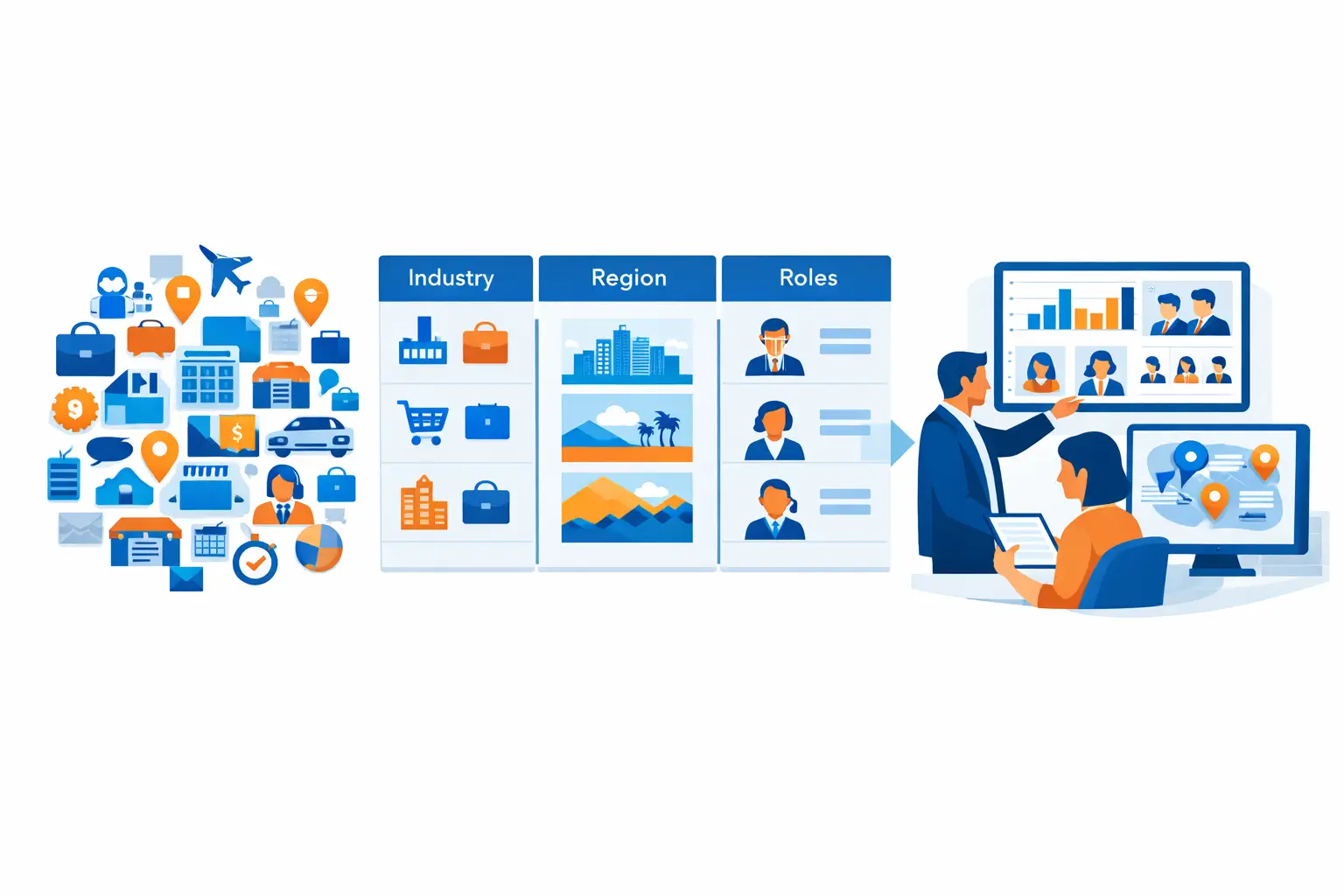 Business professionals using structured data segmentation to organize industry, location, and role-based information for focused business outreach planning