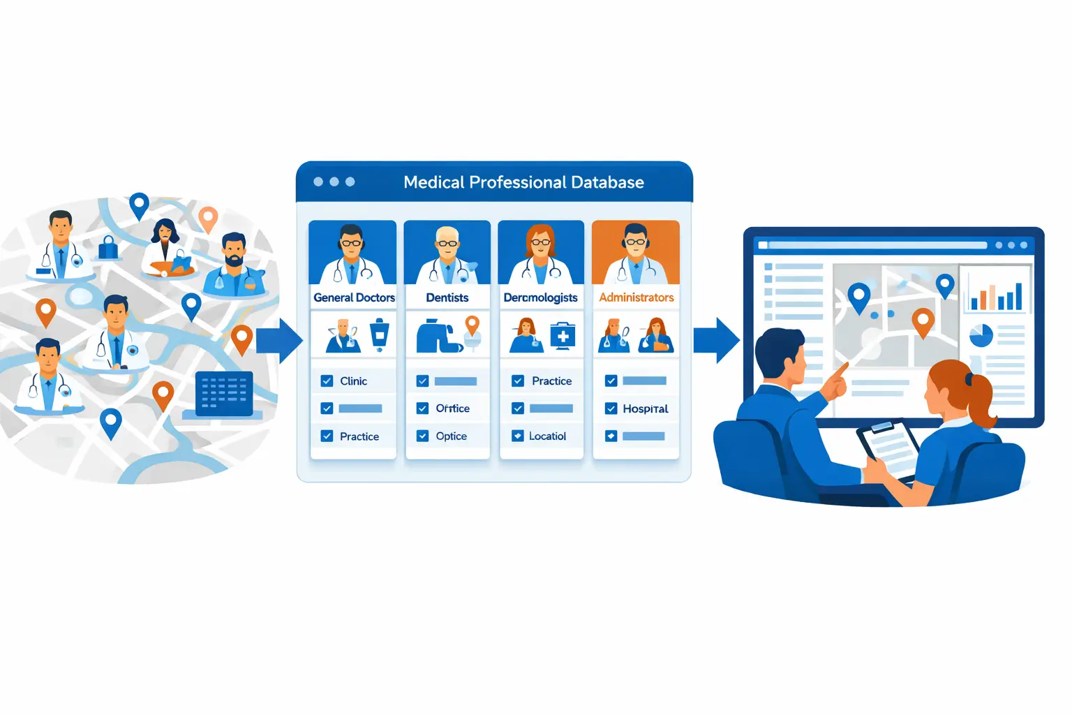 Healthcare vendors reviewing structured medical professional data that organizes doctors and specialists by role, specialization, and location for planning