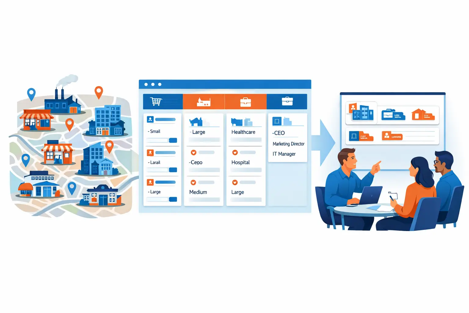 IT professionals reviewing structured business data that organizes companies by industry, location, and decision-maker roles for focused client targeting