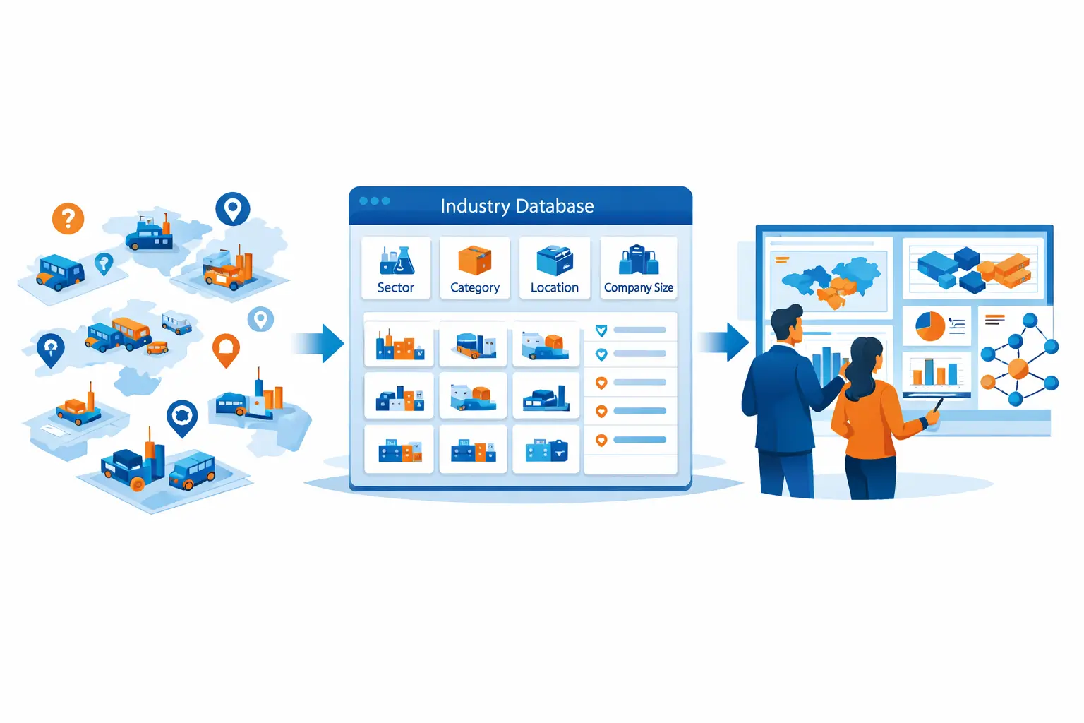 Manufacturing professionals reviewing structured industry data that organizes factories and suppliers by sector and location for informed planning