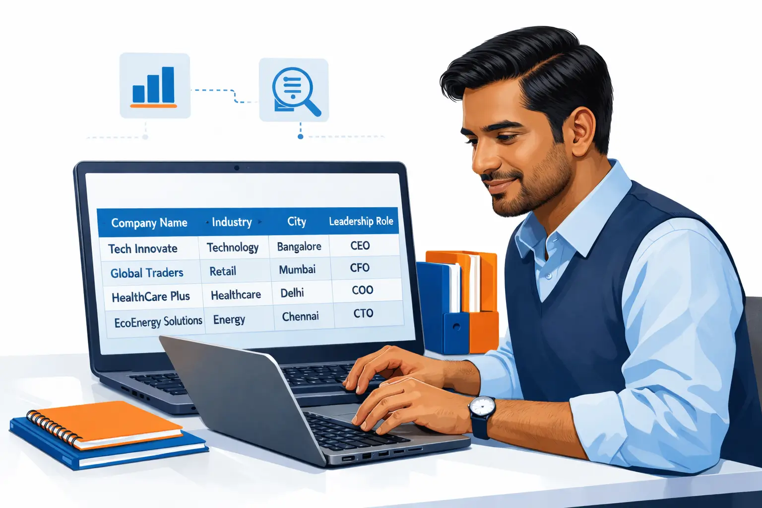 Business professional analyzing structured company information in a business database.