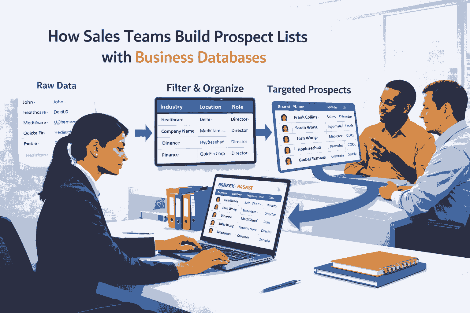 Sales professional building a prospect list using structured business database filters.