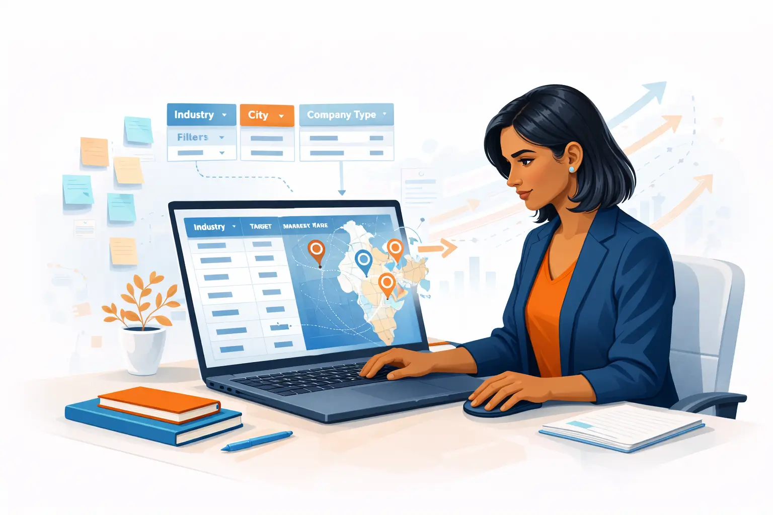 Female startup founder analyzing structured business data to plan market entry strategy.