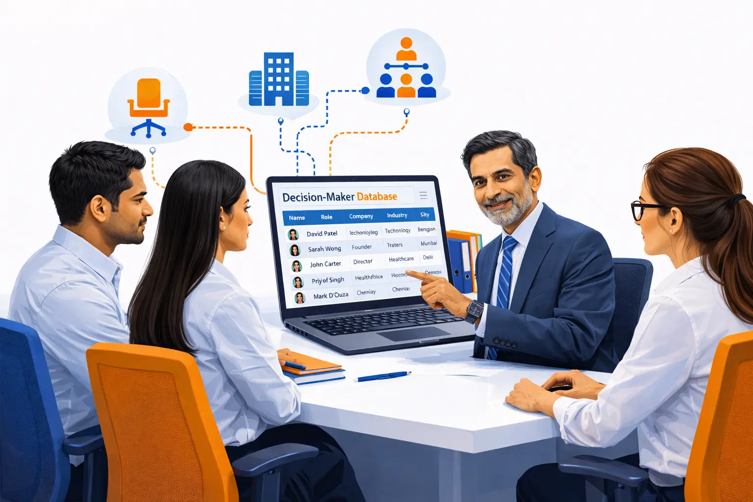 Business professional analyzing decision-maker database to understand company leadership structure.