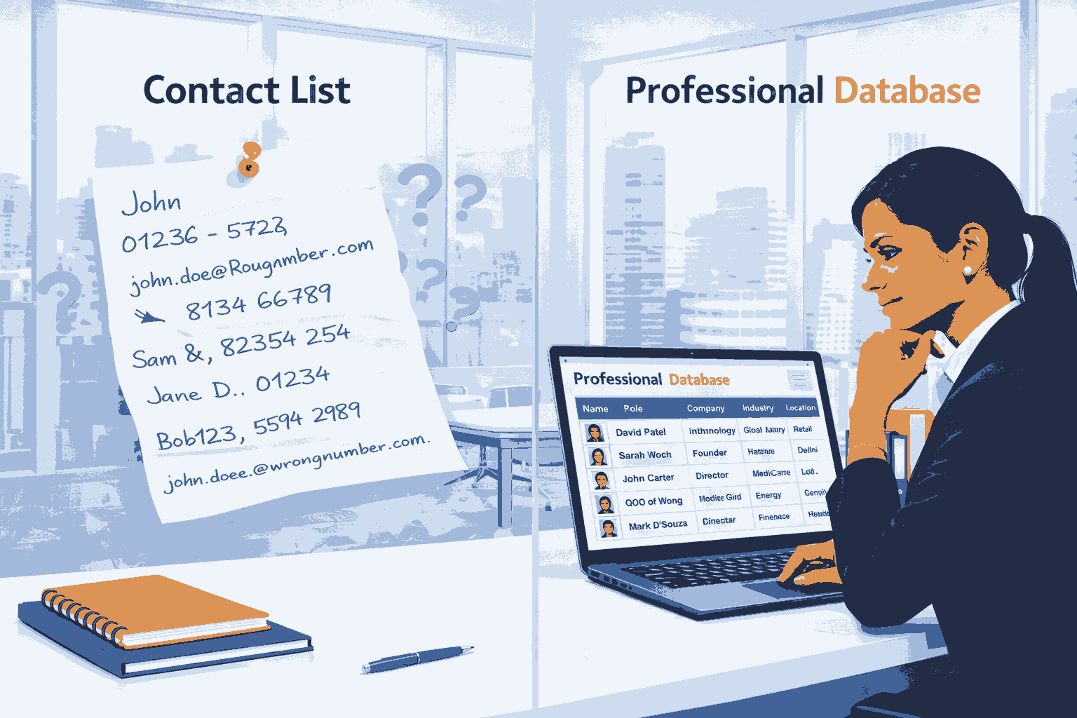 Comparison between random contact list and structured professional database showing organized business roles.