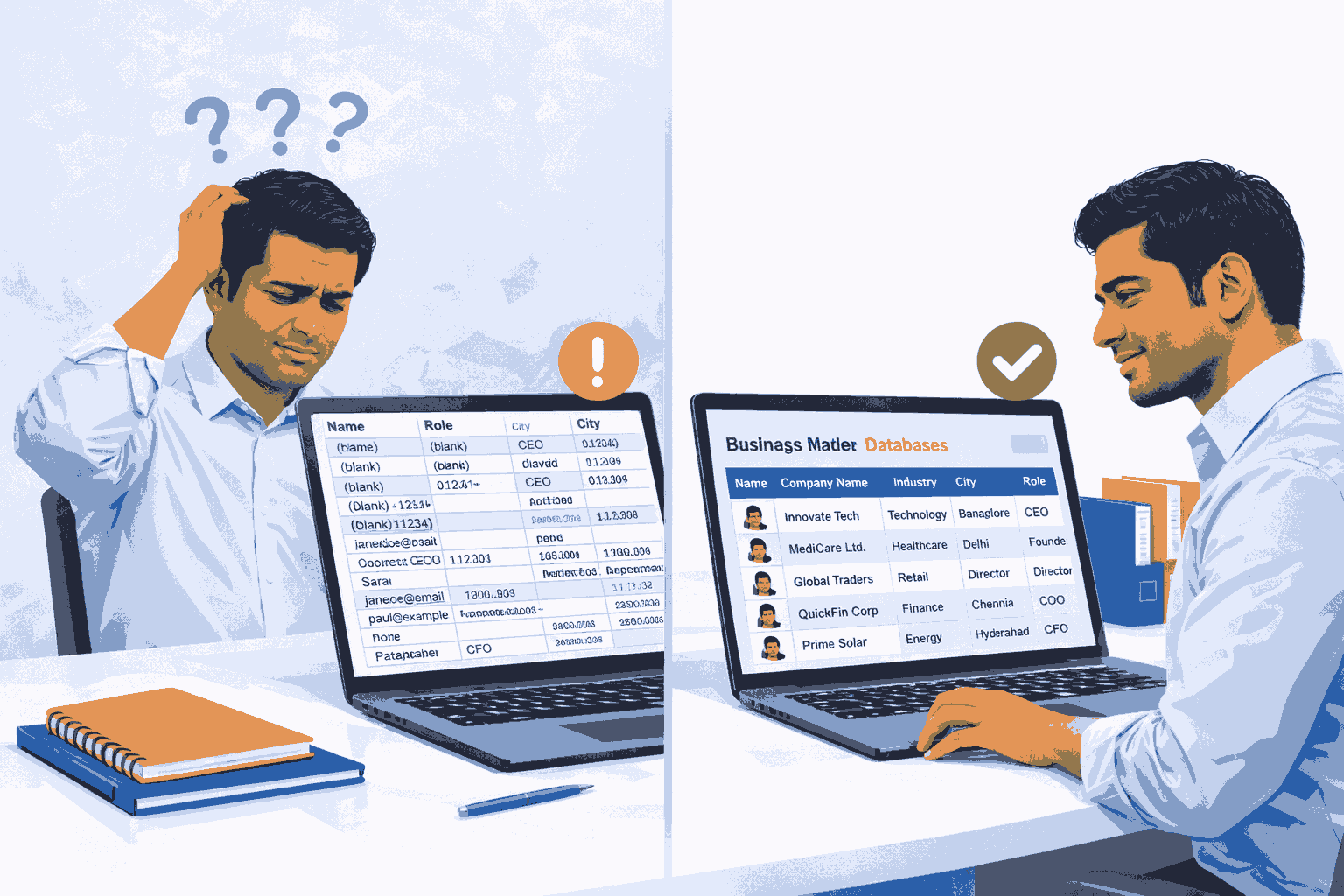 Business professional struggling with poorly organized data compared to structured business database.