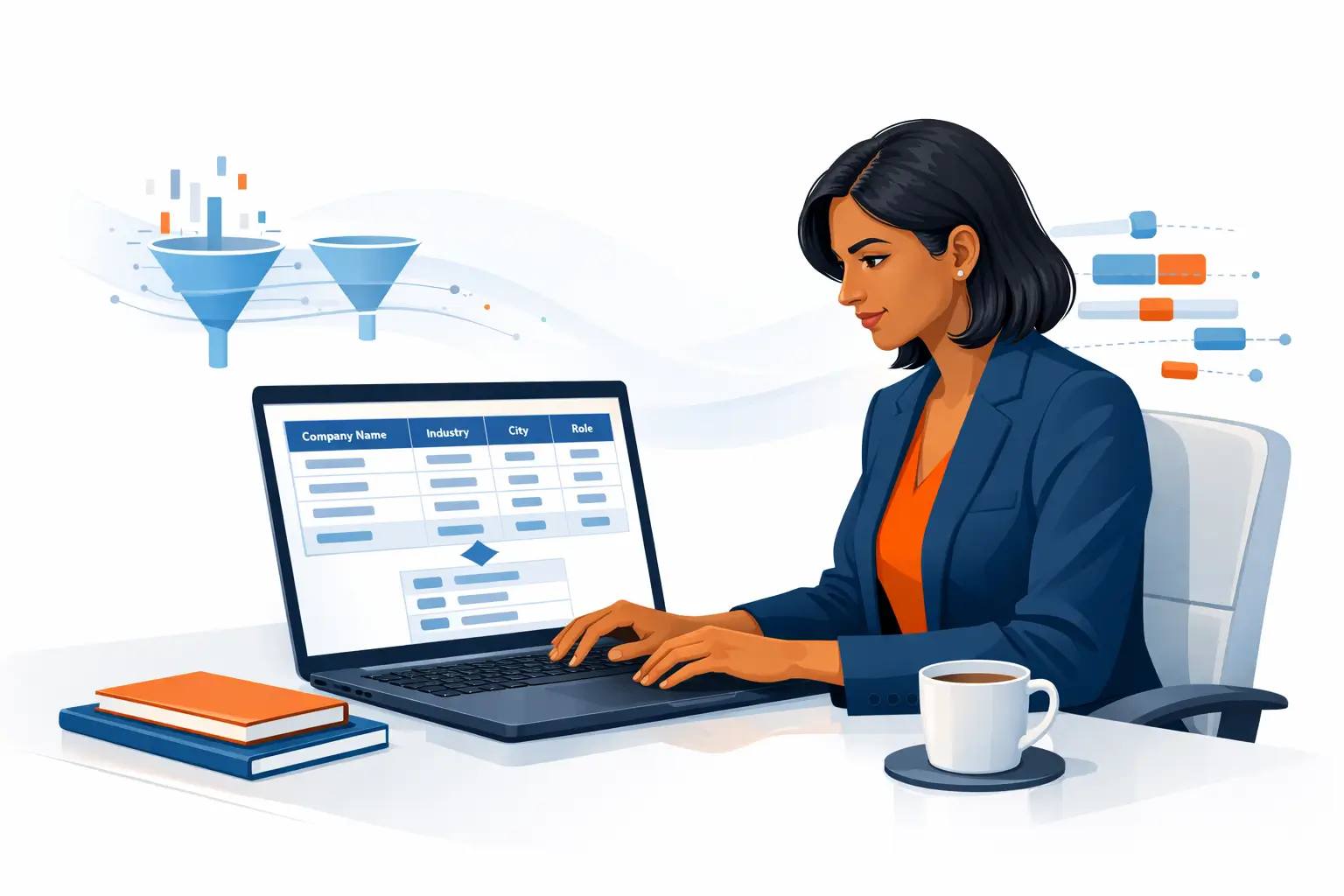 Businesswoman building a structured sales prospect list using a business database in a modern office.