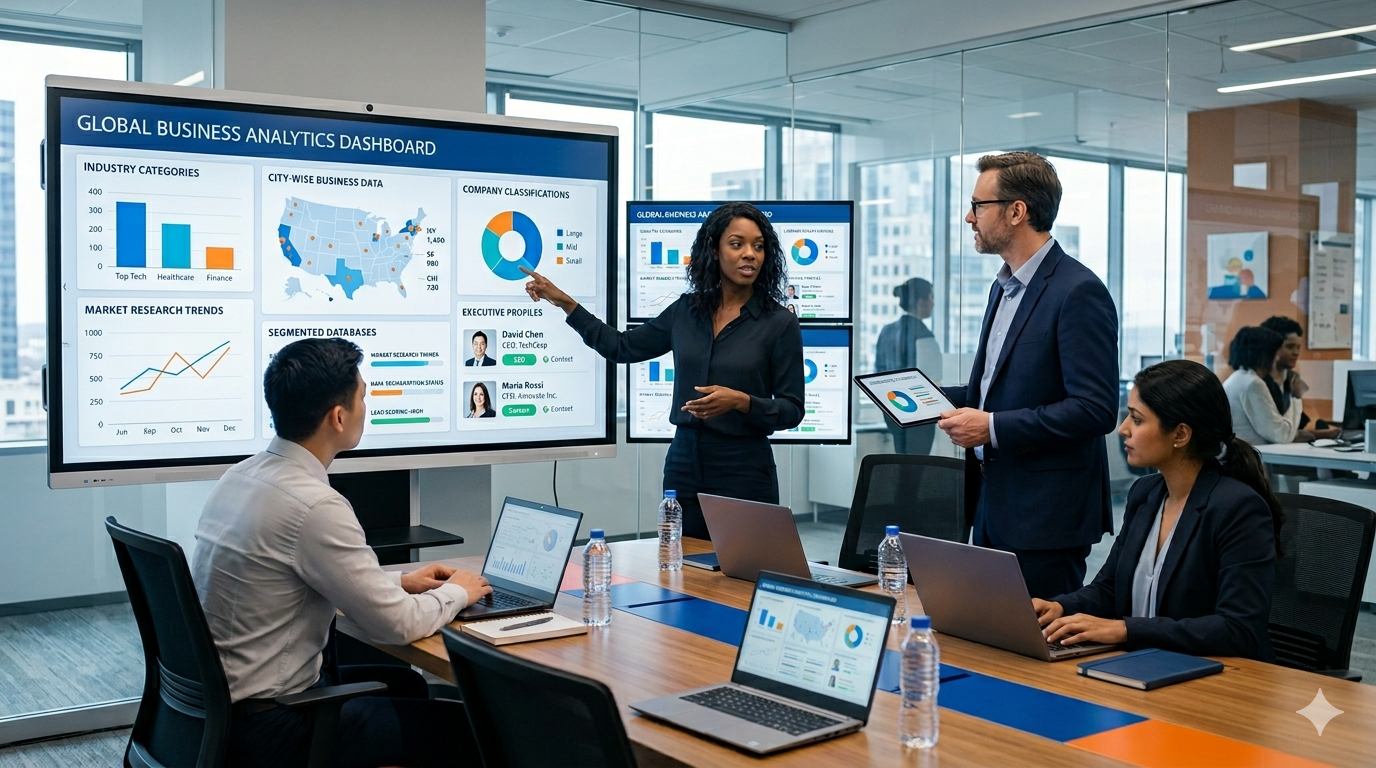 Business professionals analyzing segmented database categories for targeted business outreach