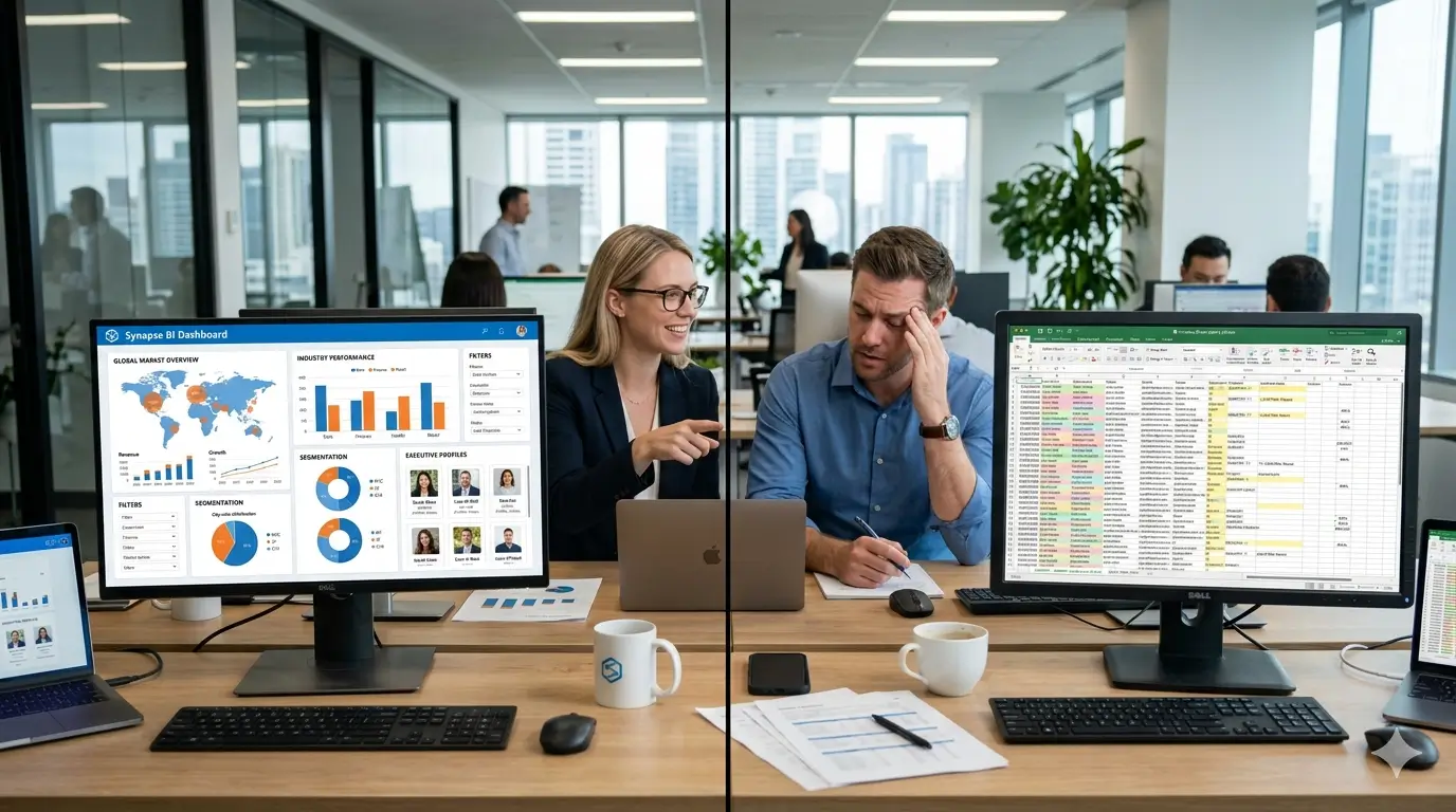 Business database dashboard compared with unorganized random contact list spreadsheet